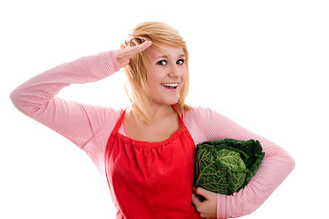 Image showing beautiful woman with fresh savoy cabbage