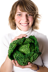 Image showing woman with fresh savoy cabbage