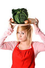 Image showing young beautiful woman with fresh savoy cabbage 