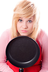 Image showing sad housewife with pan