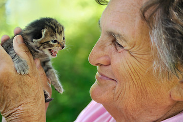 Image showing Senior woman holding little kitten