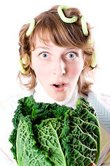 Image showing woman and fresh savoy cabbage