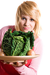 Image showing woman with fresh savoy cabbage and onions