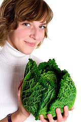 Image showing woman with fresh savoy cabbage