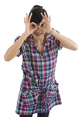 Image showing woman pretending to wear glasses