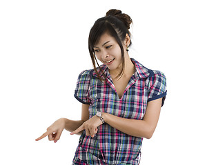 Image showing beautiful woman pointing down