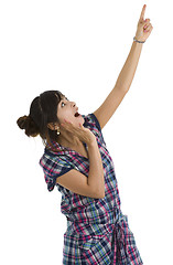 Image showing woman pointing up at something