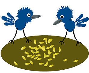 Image showing Birdies pecking grain