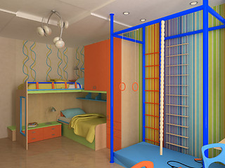 Image showing Corner of Child`s bedroom with colorful furniture