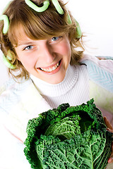 Image showing beautiful woman with fresh savoy cabbage