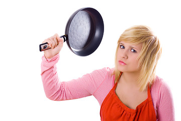 Image showing pretty housewife with pan