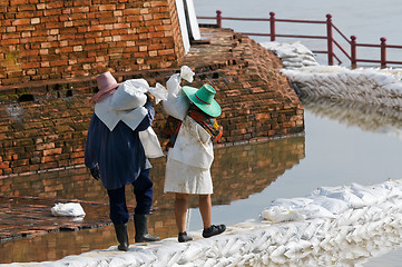 Image showing Women carrying sandbags during flood in Thailand