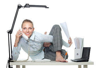 Image showing Flexible business woman talk by phone