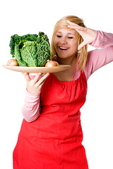 Image showing woman with fresh savoy cabbage and onions