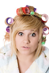 Image showing  funny housewife with curlers