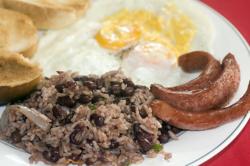 Image showing breakfast in Nicaragua gallo pinto eggs sausage