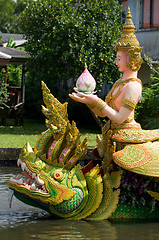 Image showing Barge decorated with religious symbols in Thailand