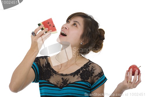 Image of woman with water melon and apple