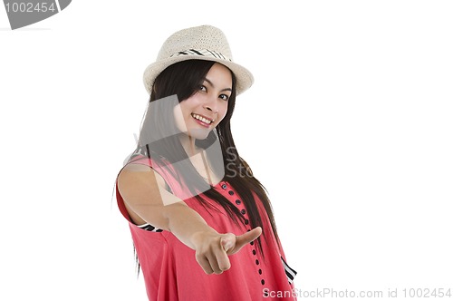 Image of woman pointing at you