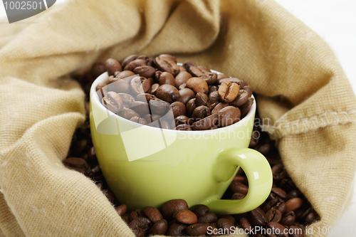 Image of Green cup with coffee in bag closeup