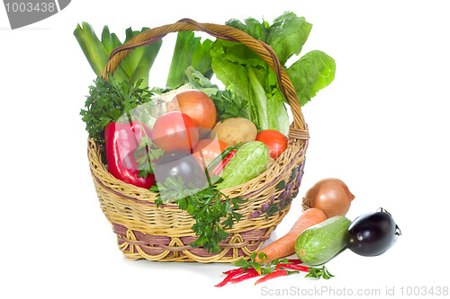 Image of basket with vegetables isolated on white 