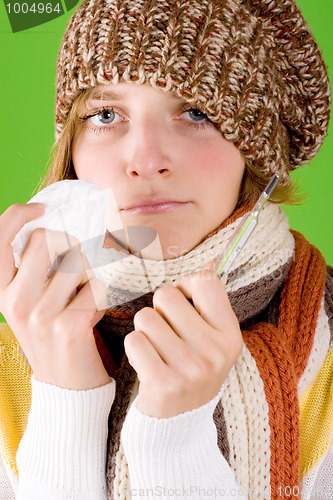 Image of woman with handkerchief and thermometer