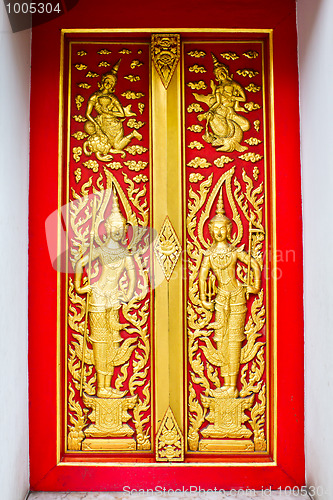 Image of Traditional thai style door of Buddhist church 