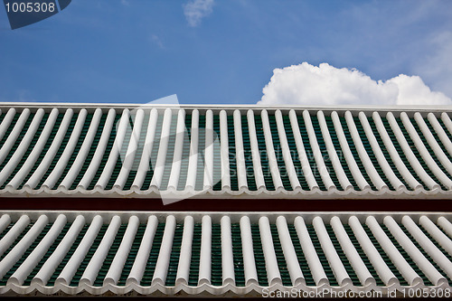 Image of Roof Tiles white and green with blue sky 