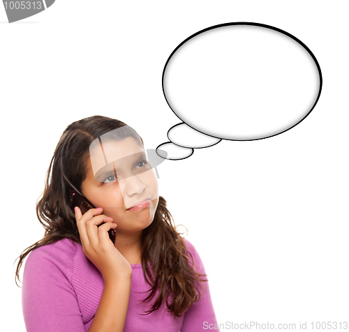 Image of Frowning Hispanic Teen Aged Girl on Phone with Blank Thought Bub