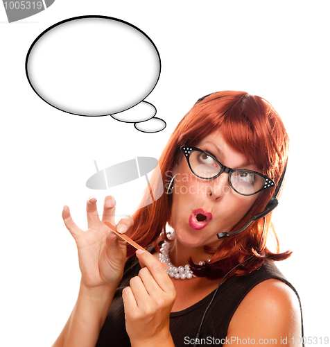 Image of Red Haired Retro Receptionist with Blank Thought Bubble