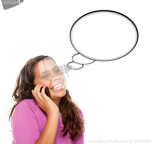 Image of Hispanic Teen Aged Girl on Cell Phone with Blank Thought Bubble