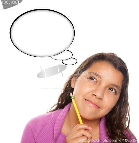 Image of Hispanic Teen Aged Girl with Pencil and Blank Thought Bubble