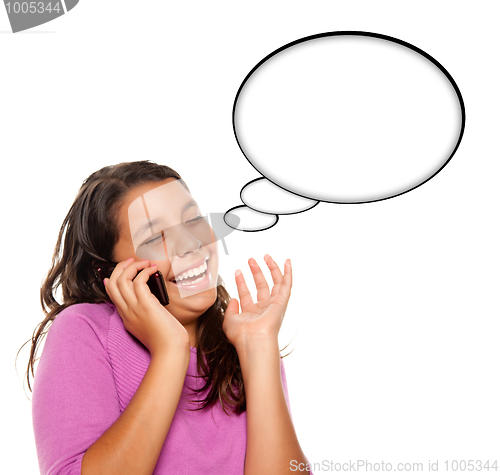 Image of Hispanic Teen Aged Girl on Cell Phone with Blank Thought Bubble