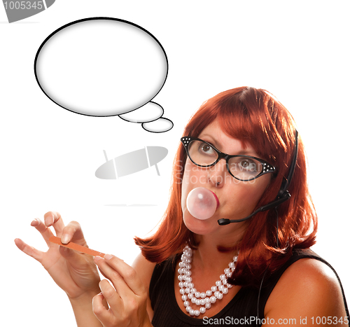Image of Red Haired Retro Receptionist with Blank Thought Bubble