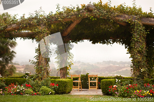 Image of Vine Covered Patio and Chairs with Country View