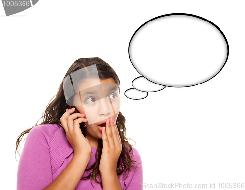 Image of Shocked Hispanic Teen Aged Girl on Phone with Blank Thought Bubb