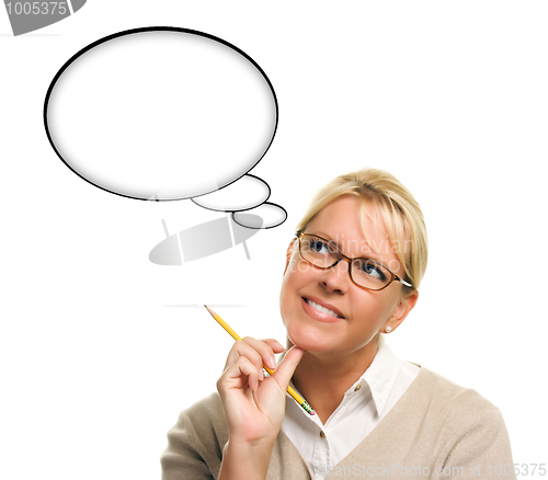 Image of Beautiful Woman and Blank Thought Bubbles with Clipping Path
