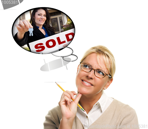 Image of Woman with Thought Bubbles of Agent Handing Over New Keys