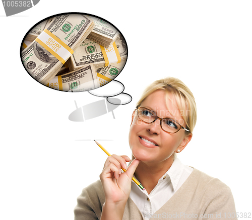 Image of Woman with Thought Bubbles Lots of Money