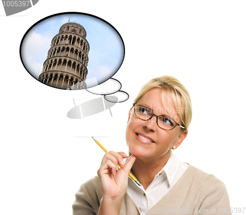 Image of Woman with Thought Bubbles of Travelling to Europe