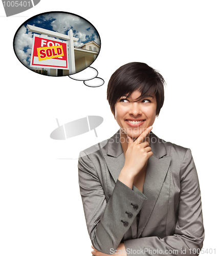 Image of Multiethnic Woman with Thought Bubbles of Sold Real Estate Sign
