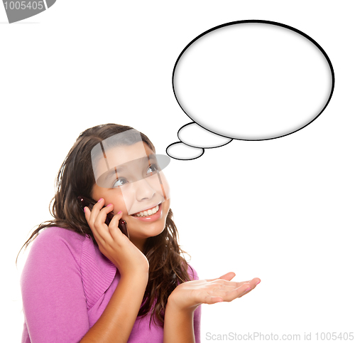 Image of Hispanic Teen Aged Girl on Cell Phone with Blank Thought Bubble