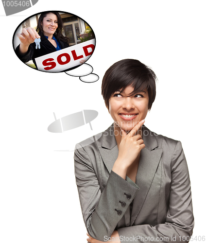 Image of Multiethnic Woman with Thought Bubbles of Agent Handing Over Key