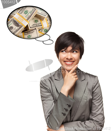 Image of Beautiful Multiethnic Woman with Thought Bubbles of Money Stacks