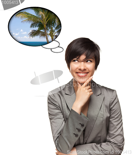Image of Beautiful Multiethnic Woman with Thought Bubbles of Tropical Pla