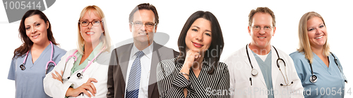 Image of Hispanic Woman and Man with Doctors or Nurses Behind