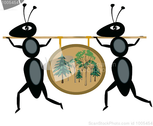 Image of Two black ants carry picture on stick