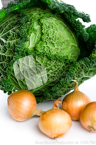 Image of fresh savoy cabbage and onions