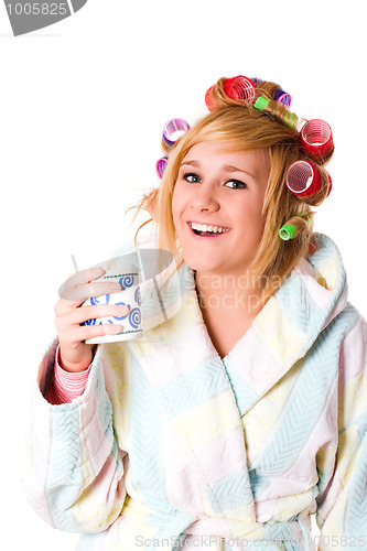 Image of housewife with curlers and cup