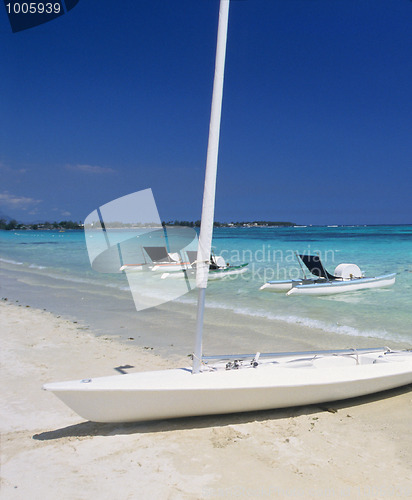Image of Grand Baie beach with boats Mauritius Island
